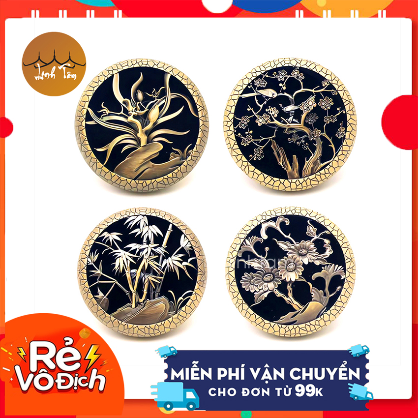 Lư hương lư đốt trầm hương kim loại họa tiết tứ quý hoa mai, hoa cúc, trúc, hoàng lan tặng 1 nụ trầm hương