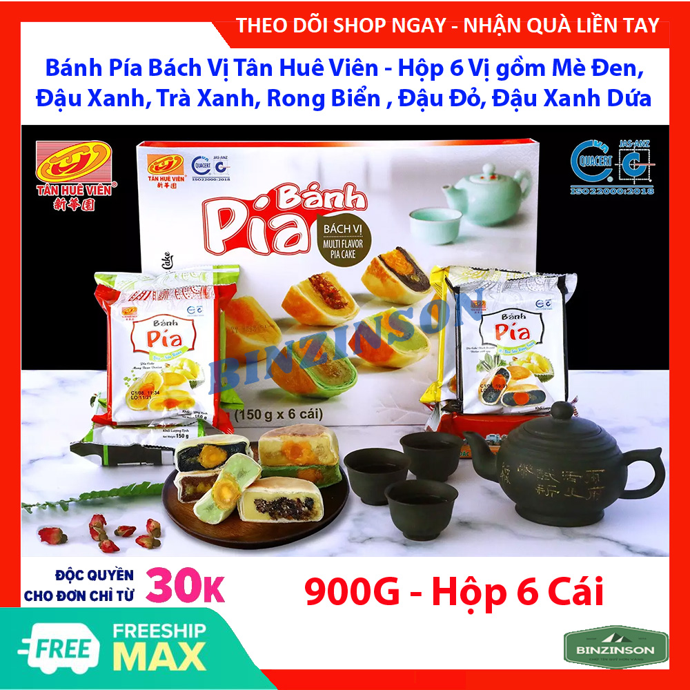 Bánh Pía Bách Vị Tân Huê Viên - Hộp 6 Vị gồm Mè Đen Đậu Xanh Trà Xanh Rong Biển Đậu Đỏ Đậu Xanh Dứa