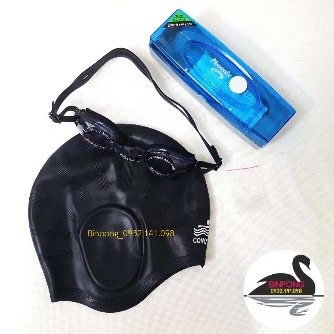 Bộ nón bơi, mũ bơi trùm tai che tai silicon không thấm nước và kính bơi phoenix 203