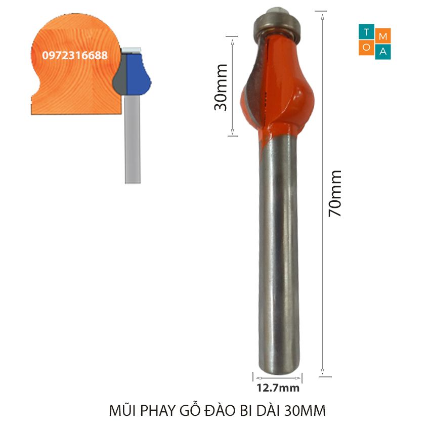 MŨI SOI GỖ - MŨI PHAY GỖ ĐÀO BI DÀI ĐÁNH TAY CẦU THANG 30MM CỐT 1.27MM, HÀNG VIỆT NAM CHẤT LƯỢNG CAO