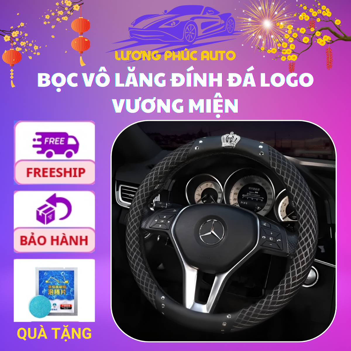 Bọc vô lăng đính đá logo Vương Miệng da cao cấp