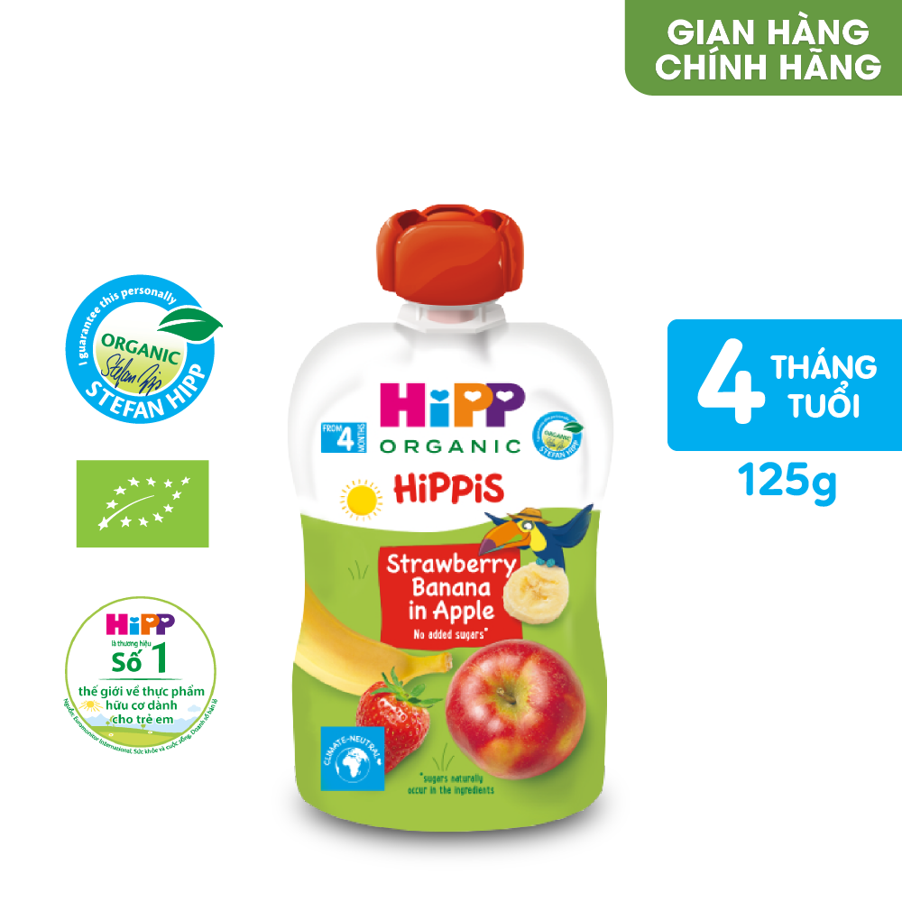 Thức ăn dặm Dinh dưỡng 100% trái cây nghiền hữu cơ HiPPiS Organic (Dâu tây, Chuối, Táo) 100g (8521)