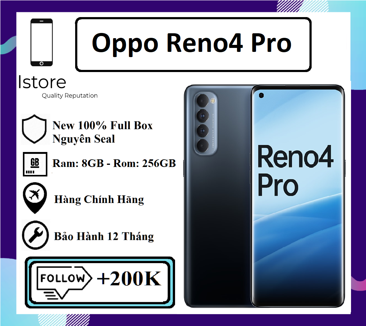 Điện thoại oppo reno4 pro - 8gb256gb - màn hình 6.5 inchchip snapdragon 720g pin: 4000mah - bảo hành 12 tháng - hàng chính hãng - trả góp 0%