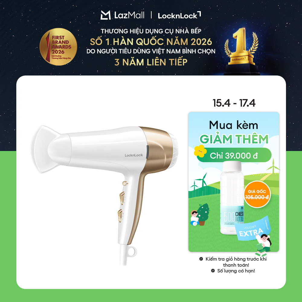 ENA136WHT - Máy Sấy Tóc LockLock cao cấp - 3 chế độ nhiệt, Có nút làm mát 2200W - Màu Trắng - Hàng chính hãng - Bảo hành 2 năm