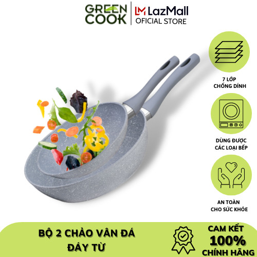 Bộ 2 chảo chống dính đáy từ vân đá size 22-26cm green cook gcp02 - hàng chính hãng greencook