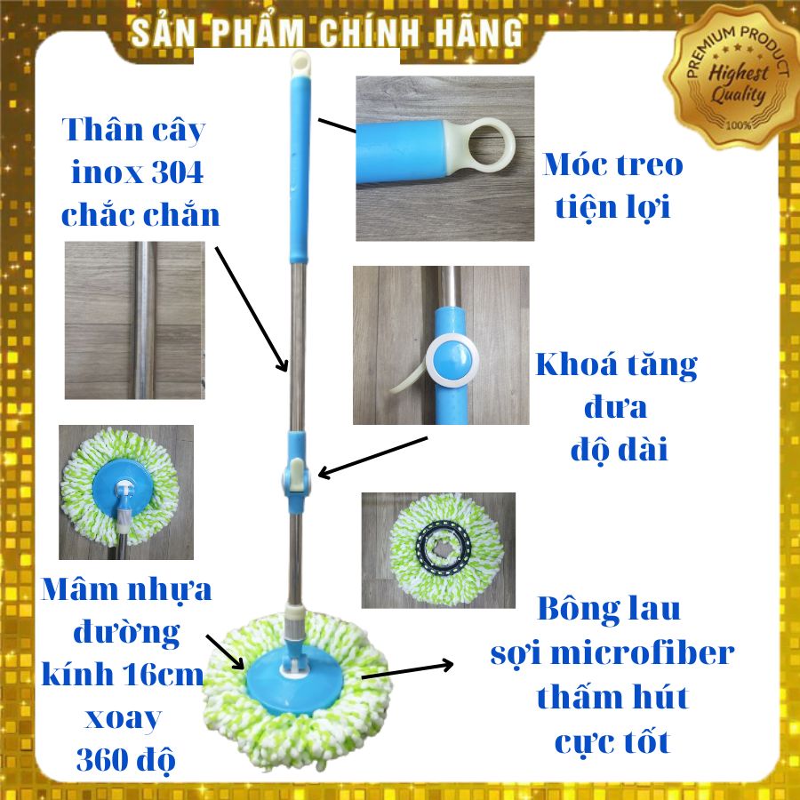 Cây lau nhà tự vắt thông minh 360 độ mâm tròn nhựa loại tốt cây thân inox tay cầm cán nhựa tiện lợi kèm bông lau cotton thấm hút cực tốt