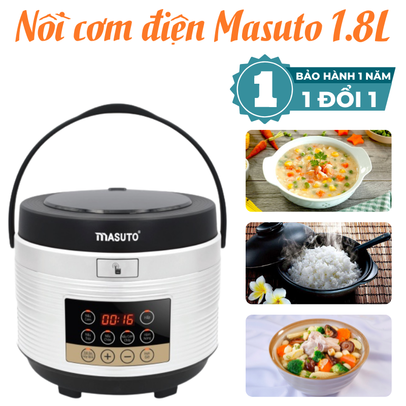 Nồi cơm điện masuto dung tích 1.8l - nồi cơm điện lòng niêu công suất 700w tích hợp màn hình led cao cấp, bảo hành 1 năm