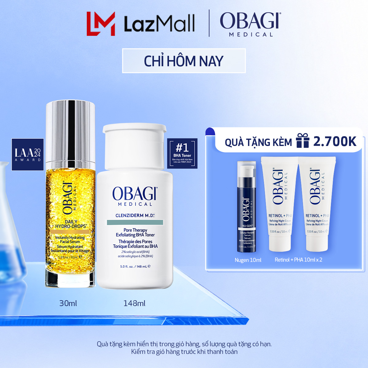 Bộ đôi dưỡng da Toner BHA làm sạch mụn và tẩy tế bào chết Obagi Medical Clenziderm M.D 148ml và Serum Cấp Nước Dưỡng Ẩm  Phục Hồi Da Obagi Daily Hydro-Drops 30ml