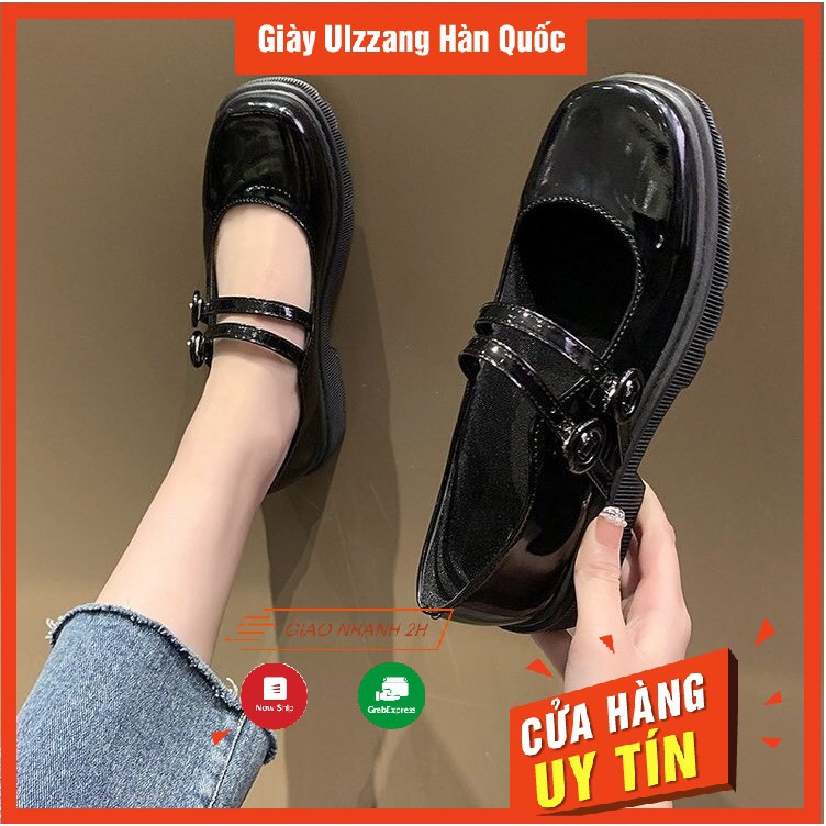 Giày ulzzang 2 quai khuy tròn đế răng cưa phong cách Hàn Quốc