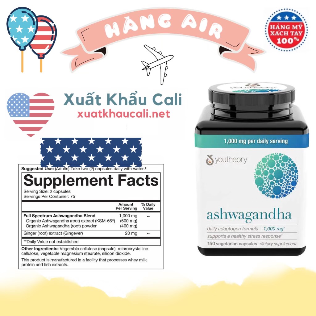 HCM]Youtheory Ashwagandha 1000mg 150 Viên uống nhân sâm Ấn Độ