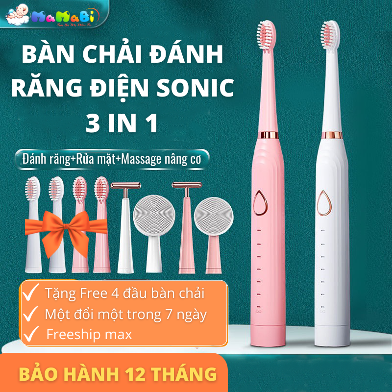 Bản chải điện Sonic Mamabi 3IN1-Bàn Chải đánh răng điện 3 chức năng  -Hàng Chính Hãng Loại 1, Chống nước Sạc Usb Bảo Hành 12 Tháng Hàng Chính Hãng-Tặng 4 đầu bàn chải