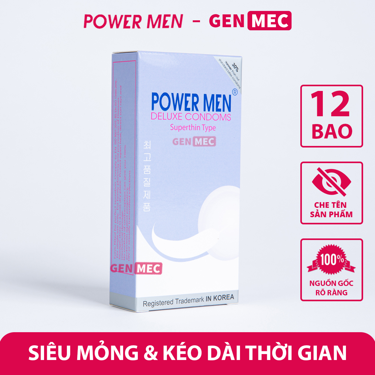 Bao Cao Su Siêu Mỏng Power Men - Kéo Dài Thời Gian - BCS Power Men Super Thin Type Tím Hộp 12 bao - Genmec