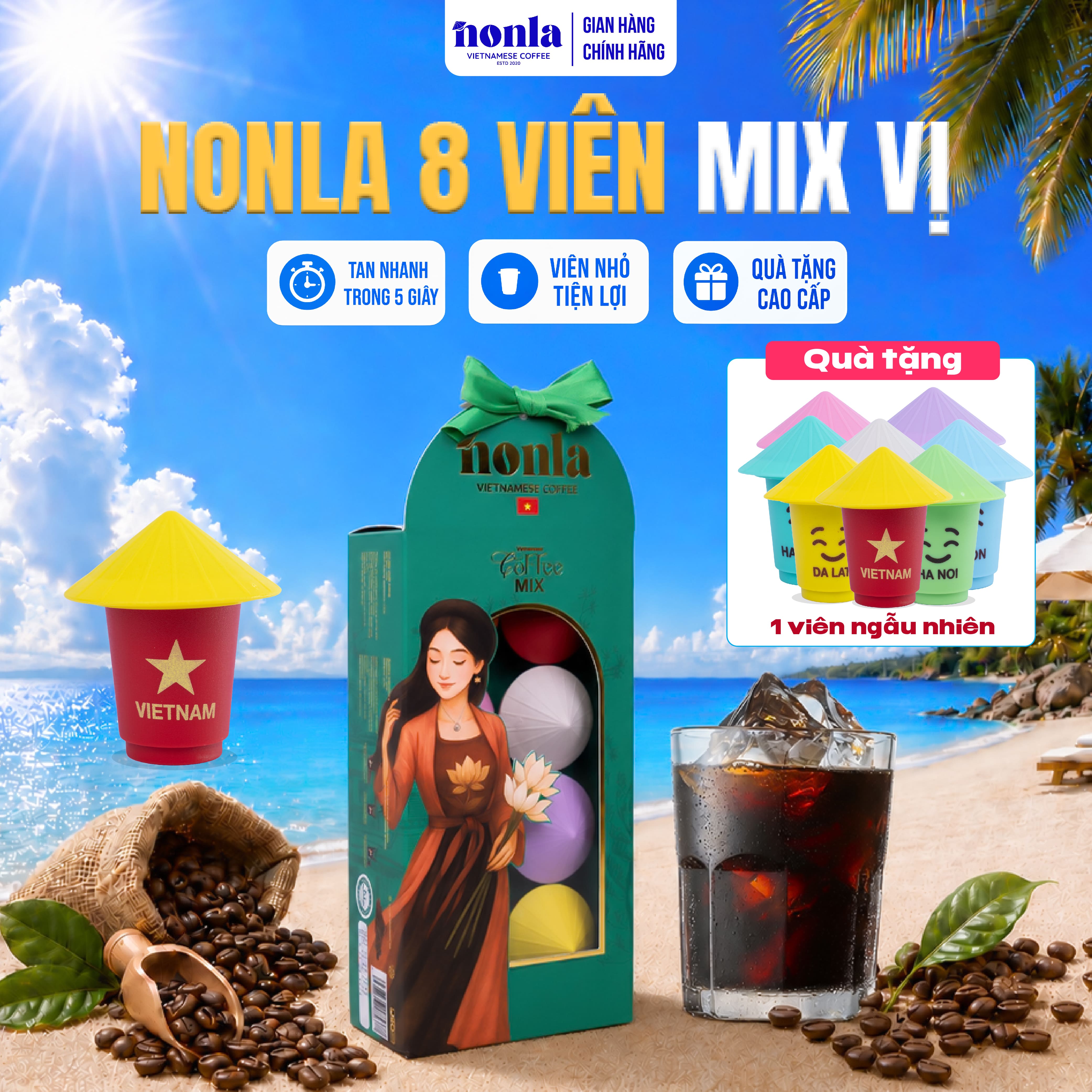 Hộp 8 Viên Cà Phê Hòa Tan Sấy Thăng Hoa Mix Vị NONLA COFFEE Không Đường Tan Nhanh Trong Nước Lạnh Tiện Lợi
