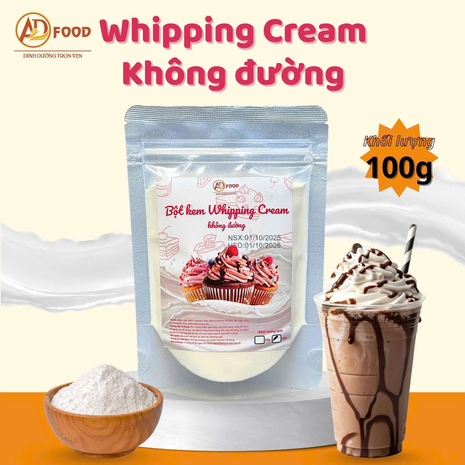 Túi 100g Bột Whipping Cream Không Đường – Béo Nhẹ, Mịn Mượt, Thơm Ngậy Hấp Dẫn, Kết Cấu Bông Xốp, Dễ Đánh Bông