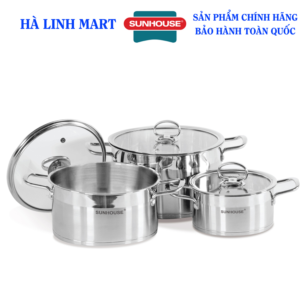 Bộ nồi inox 5 đáy Sunhouse Mama SH784, Bộ nồi inox Sunhouse, Bộ nồi dùng bếp từ, Chất liệu inox cao cấp bền chắc, sáng bóng, Đa dạng kích cỡ size 16cm, 20cm, 24cm, vung kính cường lực siêu bền, dùng trên mọi loại bếp