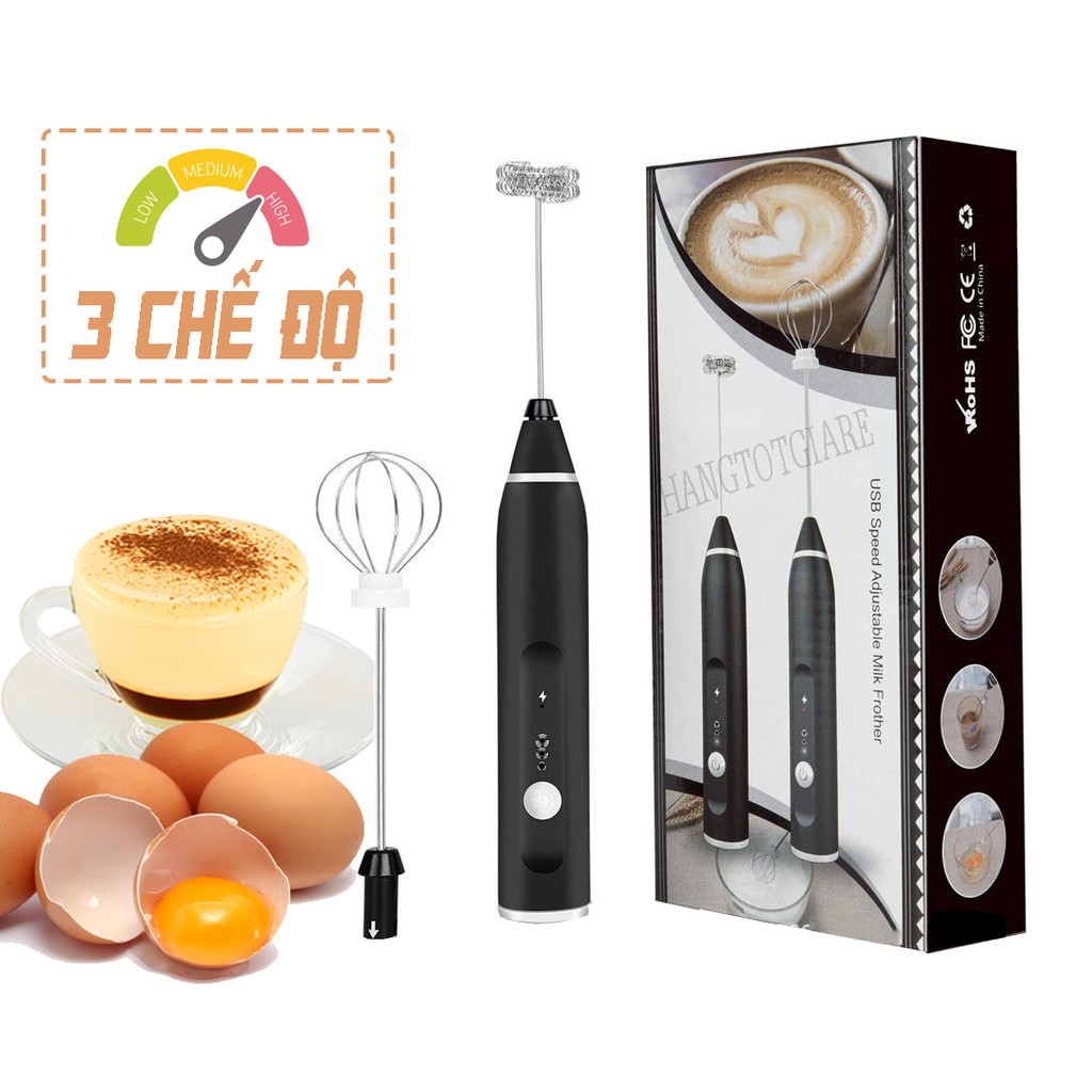 Máy đánh trứng, đánh sữa và tạo bọt cafe di động cầm tay 3 tốc độ sử dụng sạc usb thép không gỉ cao cấp