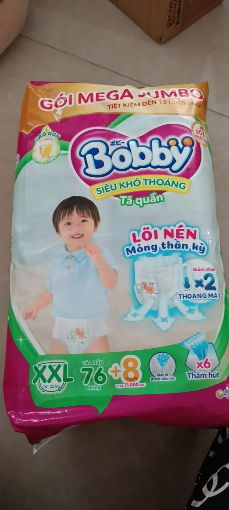 Tã/bỉm quần bobby 3mm mega jumbo gạo non xxl76 gạo non