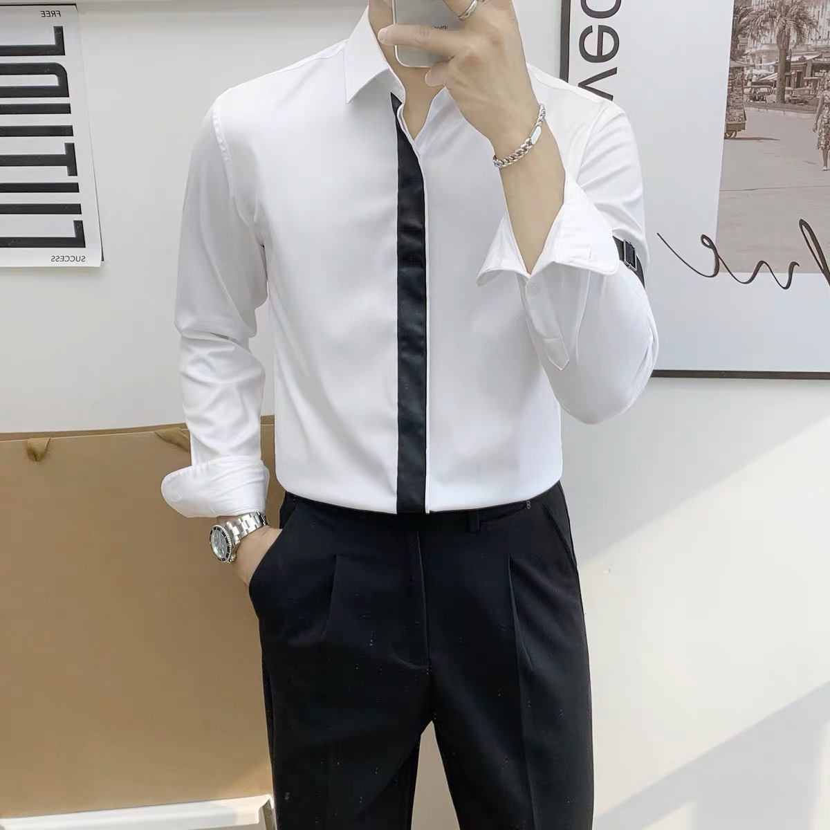 Áo sơ mi nam hàn quốc phối LINE tay dài trắng đen ,Sơ mi nam công sở vải lụa