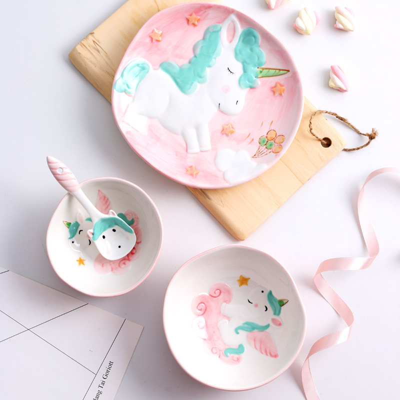 Set bát đĩa kỳ lân unicorn hồng ngộ nghĩnh đáng yêu, bát đĩa cute siêu xinh