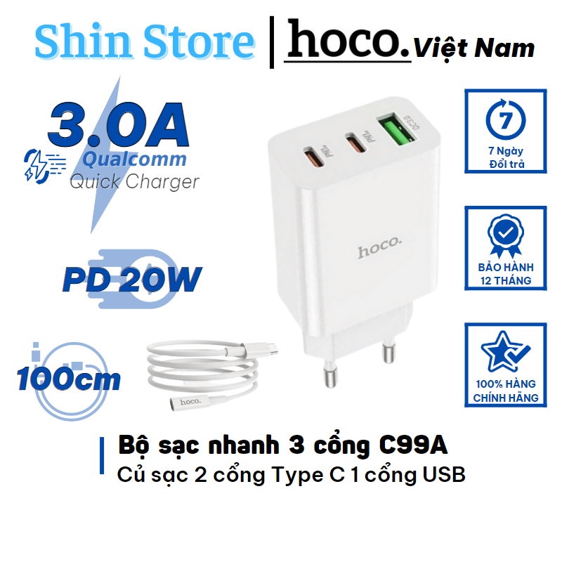 Bộ sạc nhanh 20w hoco c99a, củ sạc 3 cổng type c 18w type c 20 w usb qc3.0 -shinstore