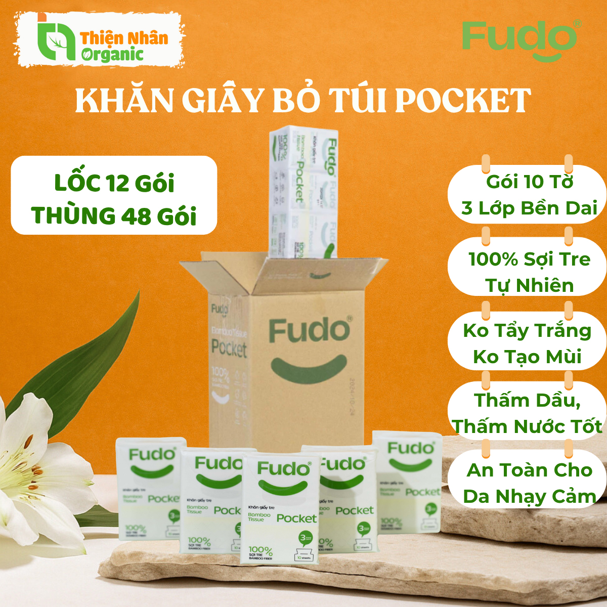 Thùng 48 Gói Khăn Giấy Bỏ Túi 3 Lớp 10 Tờ FUDO BAMBOO Khăn Giấy Sợi Tre TissuePocket