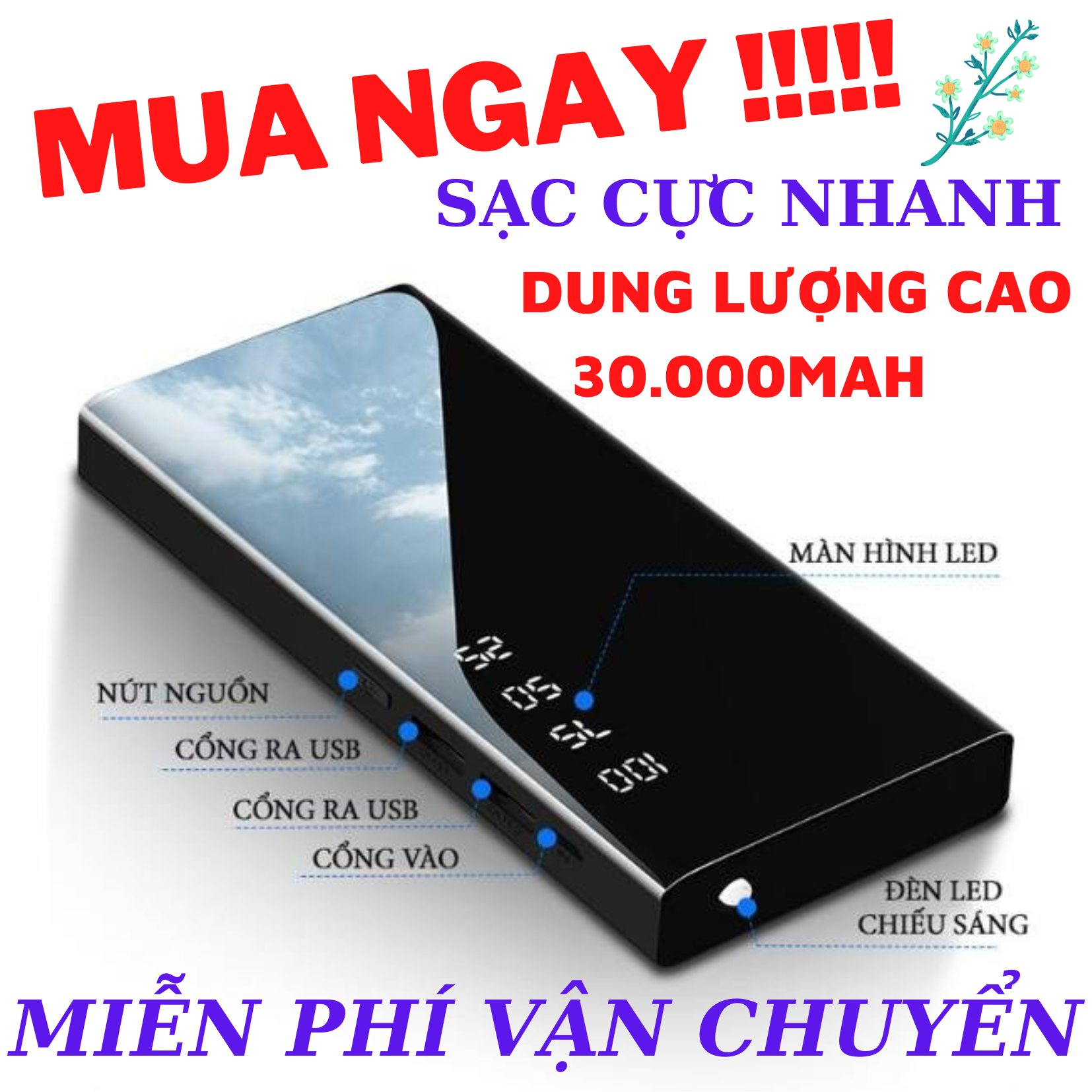 [HCM](DUNG LƯỢNG 30000MAH -TẶNG CÁP SẠC CỰC NHANH) -PIN SẠC DỰ PHÒNG THIẾT KẾ MẶT GƯƠNG CAO CẤP HIỂN THỊ PHẦN TRĂM PIN - PIN DỰ PHÒNG 2 CỔNG SẠC HỖ TRỢ SẠC NHIỀU THIẾT BỊ CÙNG LÚC CHẤT LƯỢNG CAO AN TOÀN