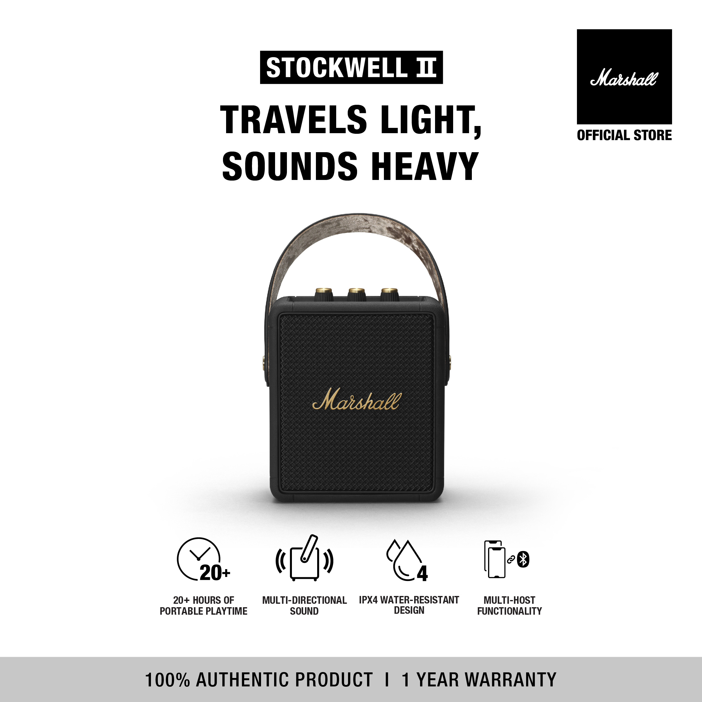 Loa Marshall Bluetooth STOCKWELL II Portable - Pin lên đến 20h - Bảo Hành Chính Hãng 1 Đổi 1 Trong 1 Năm (Đen)