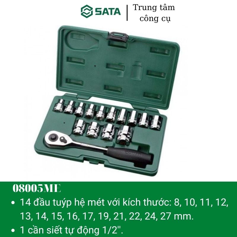 Bộ đầu tuýp 15 chi tiết hệ mét 1/2'' sata 08005me