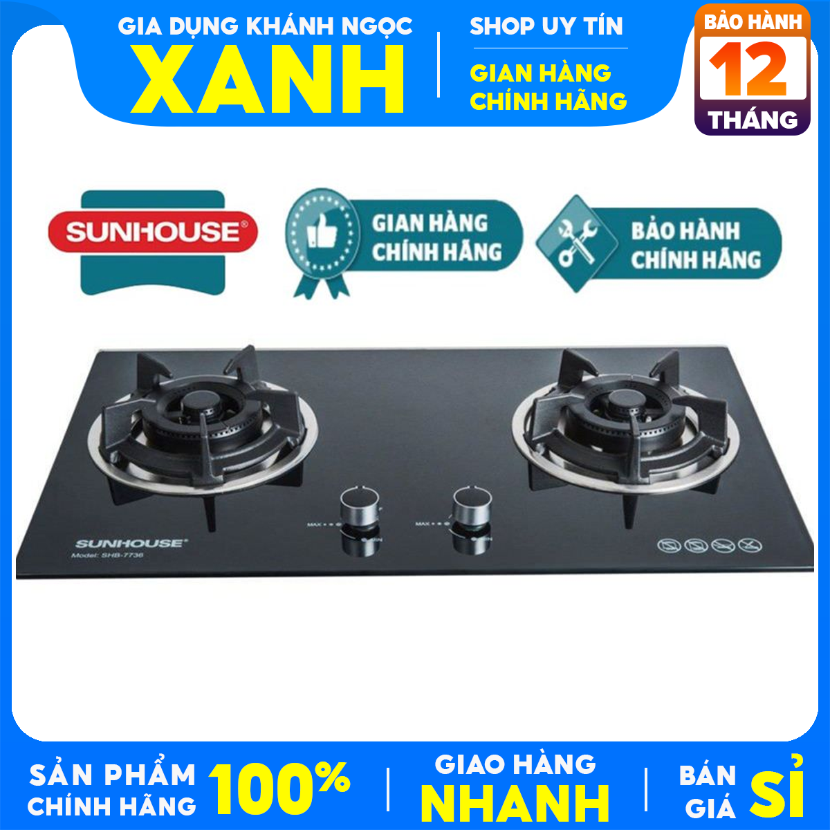 Bếp gas âm Sunhouse SHB 7736 Mới 100% Chính Hãng +Tặng dây gas cổ dê Đánh lửa IC, Cảm ứng ngắt gas tự động - Bảo Hành 24 Tháng - Điện Gia Dụng Hưng Thịnh