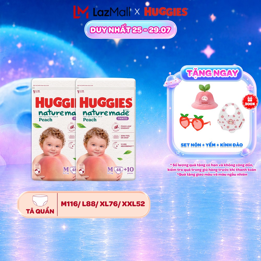 [Mới Ra Mắt] Combo 2 Tã quần Huggies Naturemade Peach M48+10/L44/XL38/XXL26