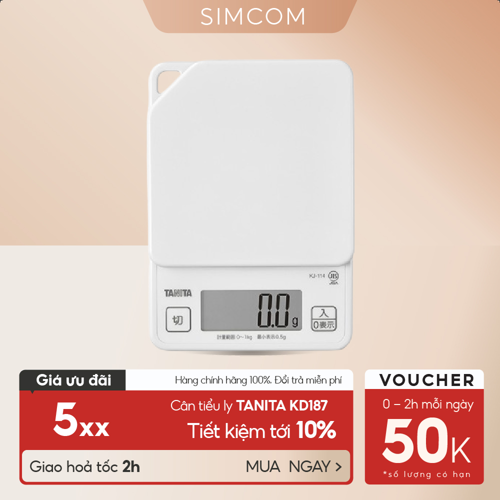 Cân tiểu ly điện tử nhà bếp mini TANITA KD187 1kg - 1g, màu trắng, hỗ trợ làm bánh, giảm cân, bảo hành chính hãng nhật bản 6 tháng, tặng pin, Simcom
