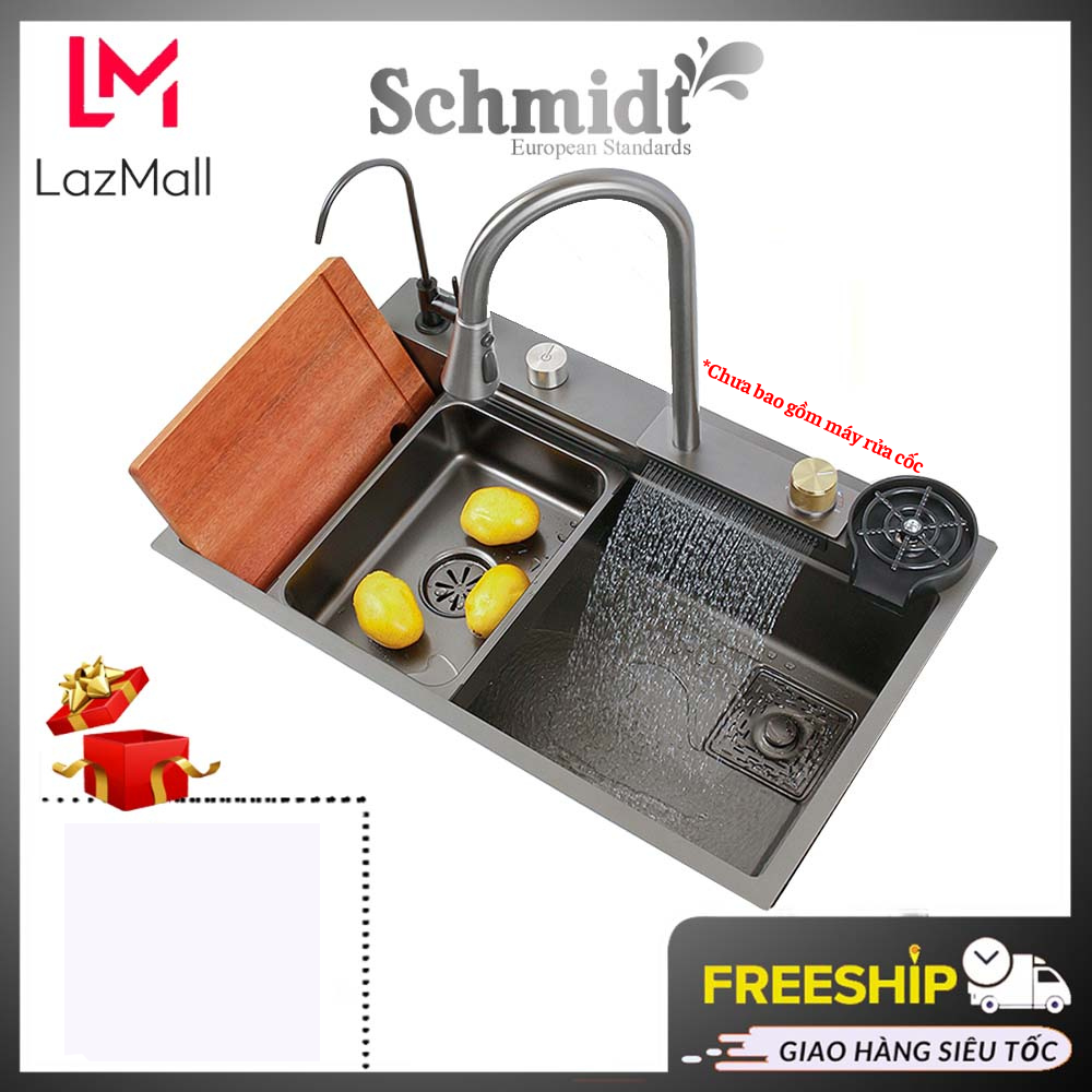 Chậu Rửa Bát Một Hố Lớn Schmidt 75x46 Inox 304 Mạ Nano Đen Kết Hợp Vòi Rút + Thác Nước - Hàng Chính Hãng - Bảo Hành 1 Năm