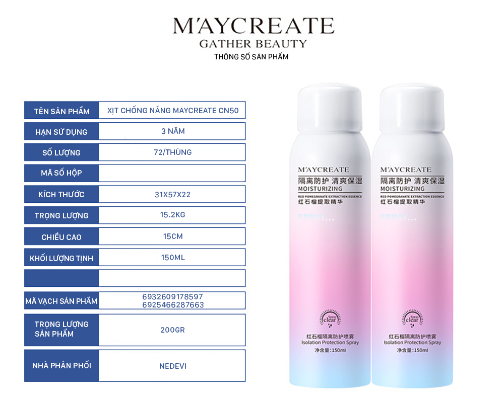 Xịt Chống Nắng Maycreate Nâng Tông, Chống Nắng, Dưỡng Trắng Da Tự Nhiên 150ML - Nét Đẹp Việt