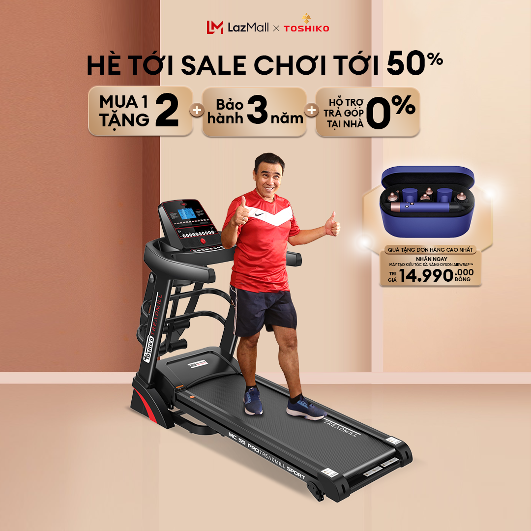 Máy chạy bộ đa năng tại nhà Toshiko MC55, chức năng nâng dốc tự động tới 26cm theo nhu cầu, kèm theo đai massage và thanh gập bụng, đồng hồ hiển thị thông số nhịp tim, calo tiêu thụ