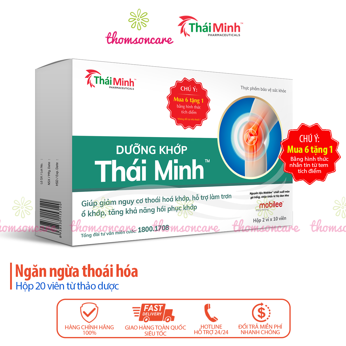 Dưỡng khớp Thái Minh Mua 6h tặng 1h bằng tem tích điểm, Hộp 20 viên, giảm thoái hóa khớp