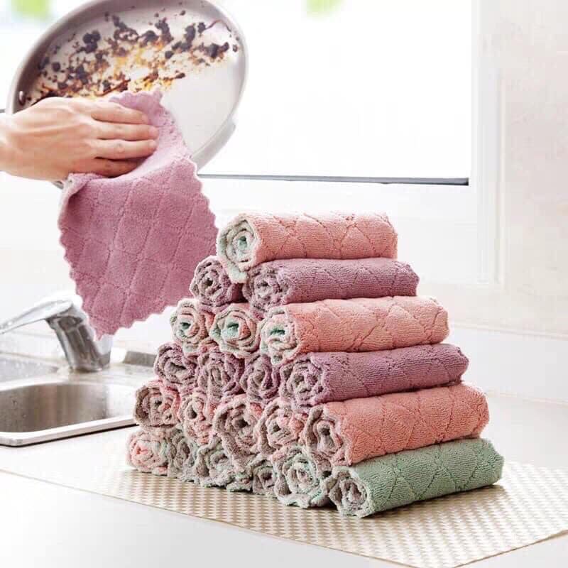 (set 10) Khăn lau đa năng bếp, bát đĩa, cốc chén thấm nước chống dính dầu mỡ hai mặt loại to 15x26cm