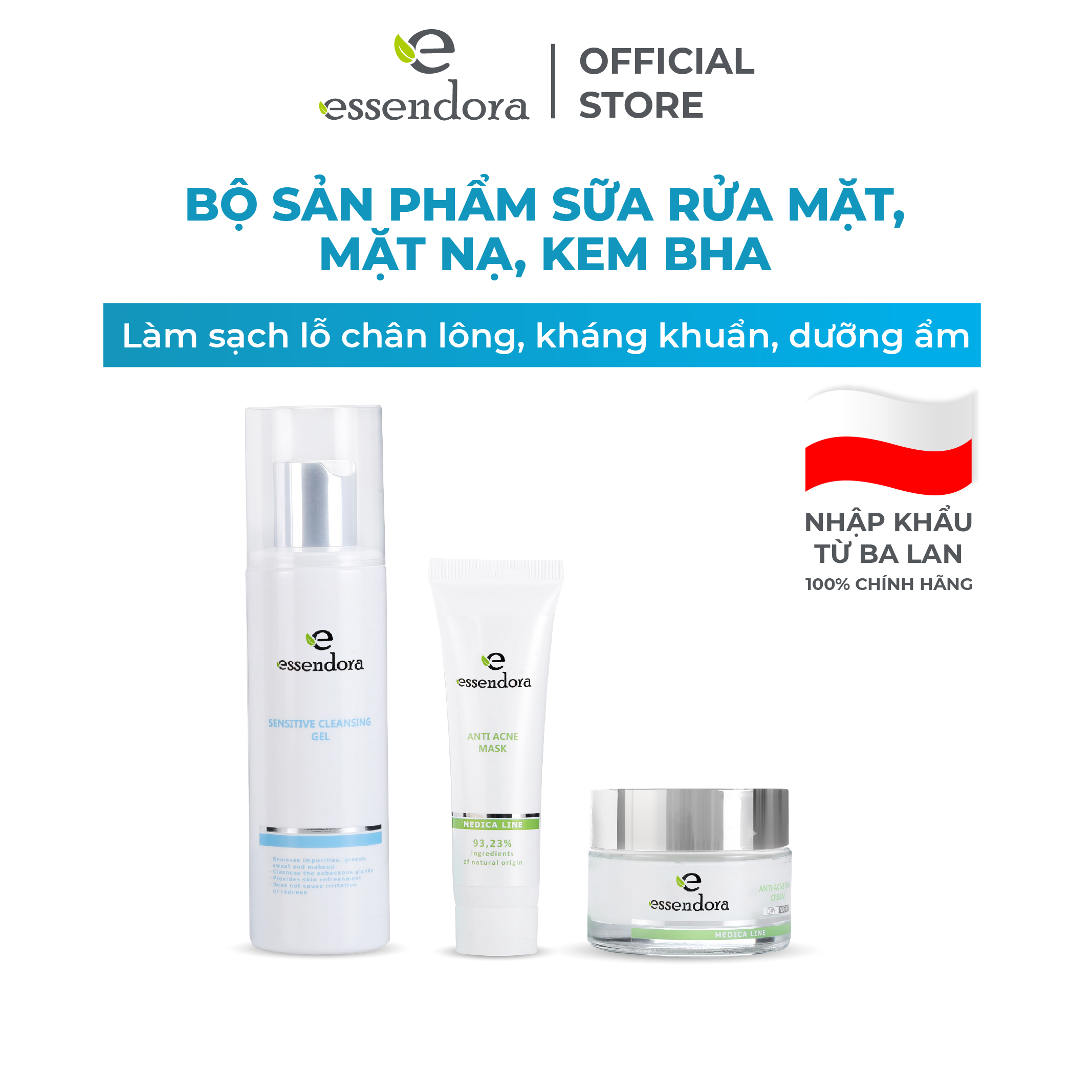 Bộ sản phẩm sữa rửa mặt cùng mặt nạ và kem BHA giúp ngừa sẹo Essendora