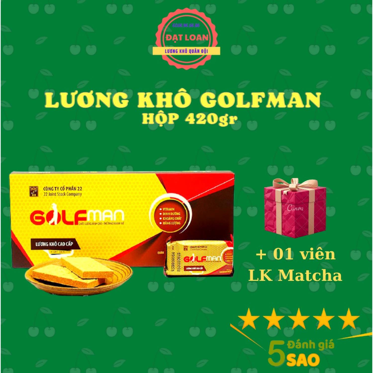 Lương khô, lương khô Golfman (1 hộp = 6 gói) tặng 01 viên Matcha trà xanh