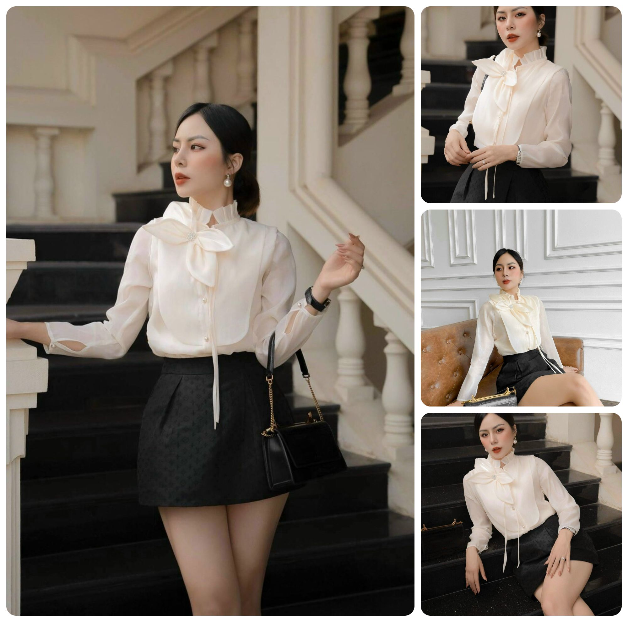 Áo tơ hai lớp đính nơ