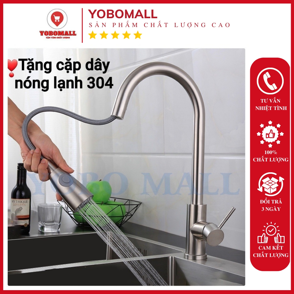 Vòi rửa chén bát Nóng Lạnh đa năng dây rút inox 304 - Yobomall