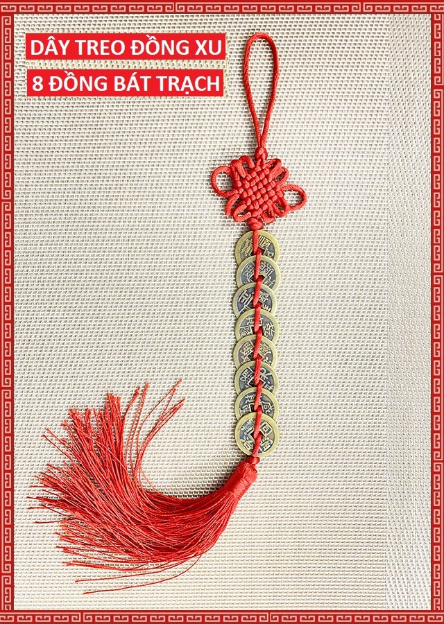 Đỏ-Dây treo 8 đồng xu Bát Trạch ( xâu tiền 8 đồng xu ) để phong thủy cầu tài lộc may mắn