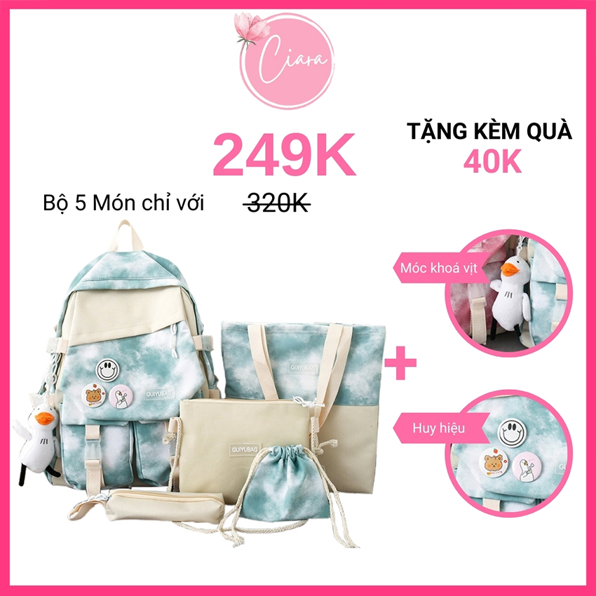 Freeship+Quà 40k Balo học sinh nữ hàn quốc ulzzang đi học cấp 2 cấp 3 màu lem Ciara Shop TB28, bộ 5 món y hình tặng kèm phụ kiện trang trí