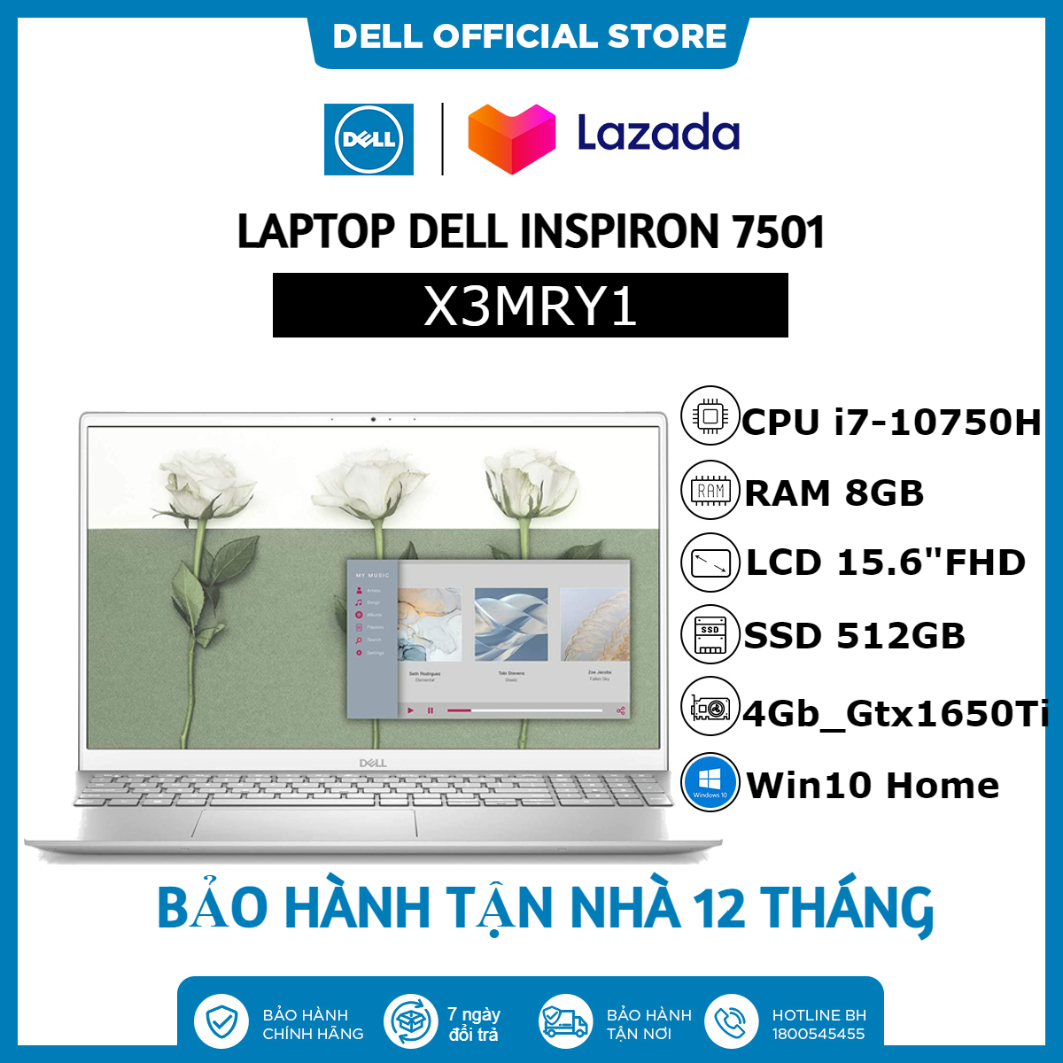 Laptop dell inspiron 7501 x3mry1 bạc i7-10750h| 8gb| 512gb| 15.6"fhd| gtx1650ti| win10-hàng chính hãng new 100%