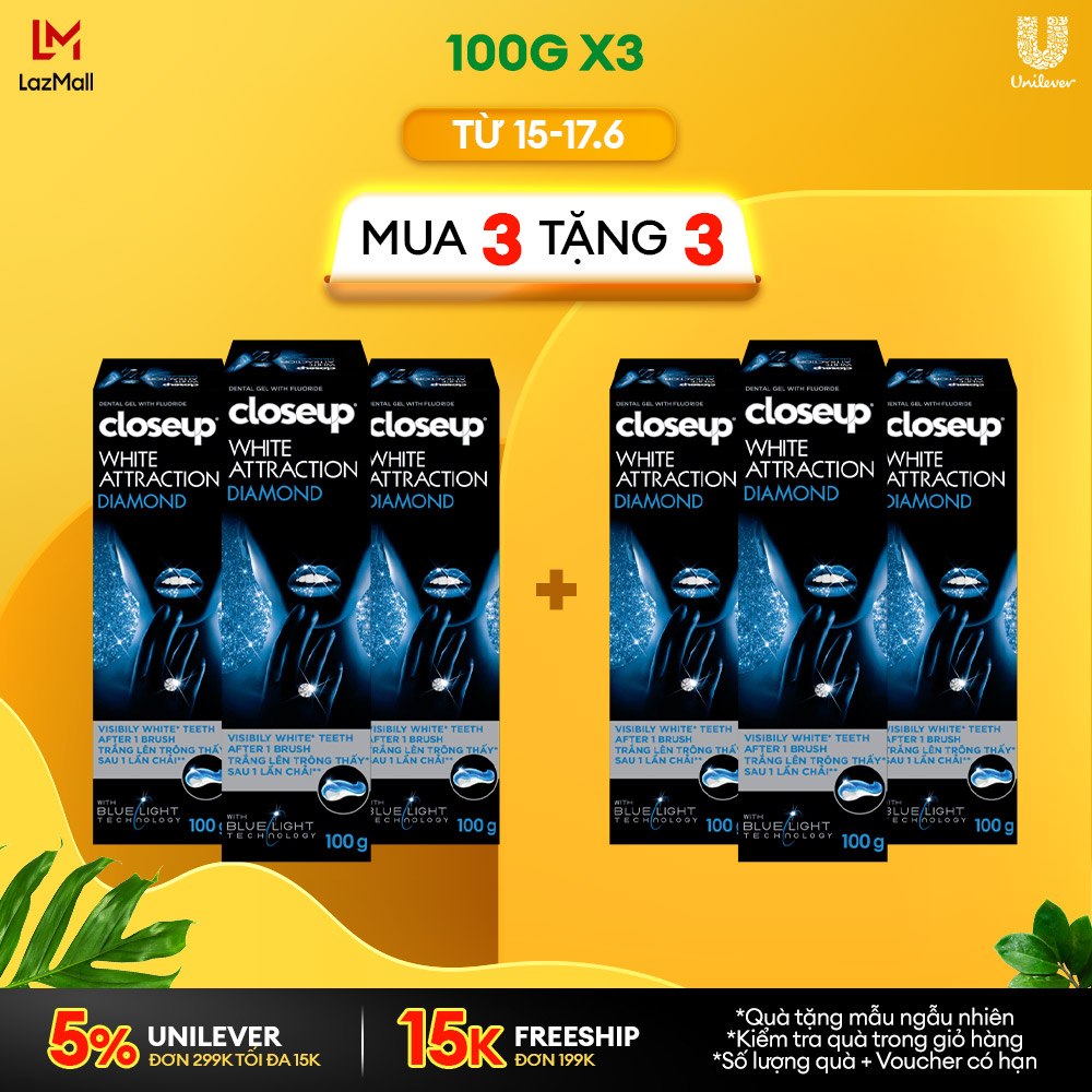 Combo 3 Kem Đánh Răng Closeup Dạng Gel Trắng Răng Diamond Attraction Ngay Sau 1 Lần Chải 100G/Tuýp