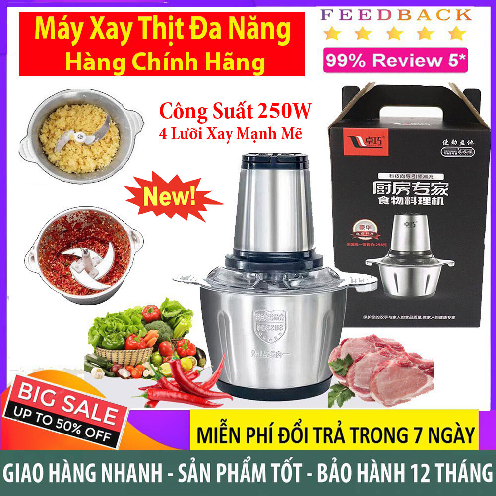 Máy xay thịt cối inox 4 lưỡi đa năng công suất lớn- xay thịt xay tỏi ới xay rau củ quả máy xay thịt cối inox 304 máy xay thịt cối inox dung tích 2 lit