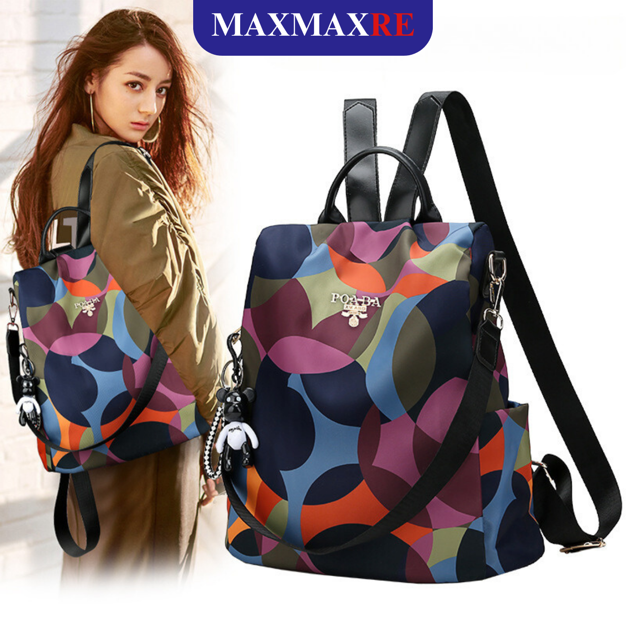 Balo nữ họa tiết 2 trong 1 chống trộm, chống thấm nước, tặng kèm móc gấu cute