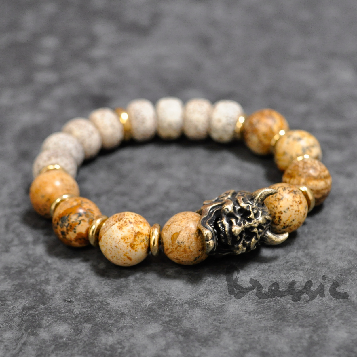 Vòng tay Hạt bồ đề thiên nhãn + Đồng thau + Đá hoa cương Brassic VT15 tạo phúc đẩy tà