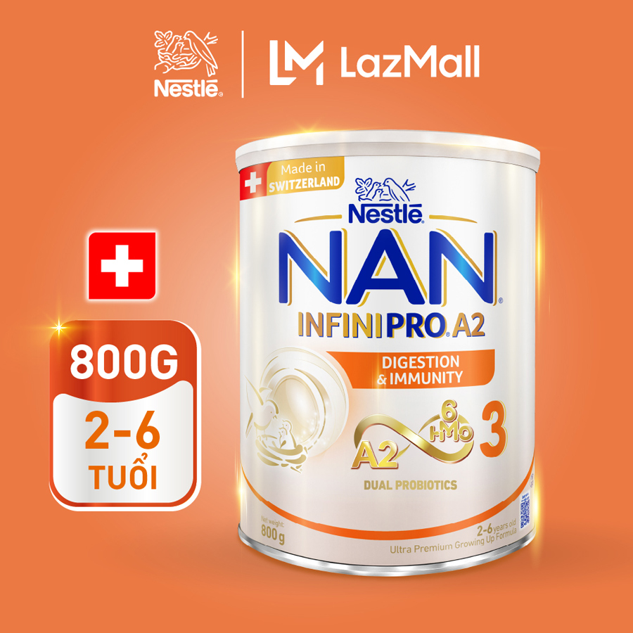 [CHỈ 23.04 QT Đơn 599K/999K] Sữa bột Nestlé NAN INFINIPRO A2 bước 3 800g cho bé 2 - 6 tuổi nhập khẩu Thụy Sĩ  với công thức đầu tiên chứa đạm A2 6HMO  Lợi khuẩn kép