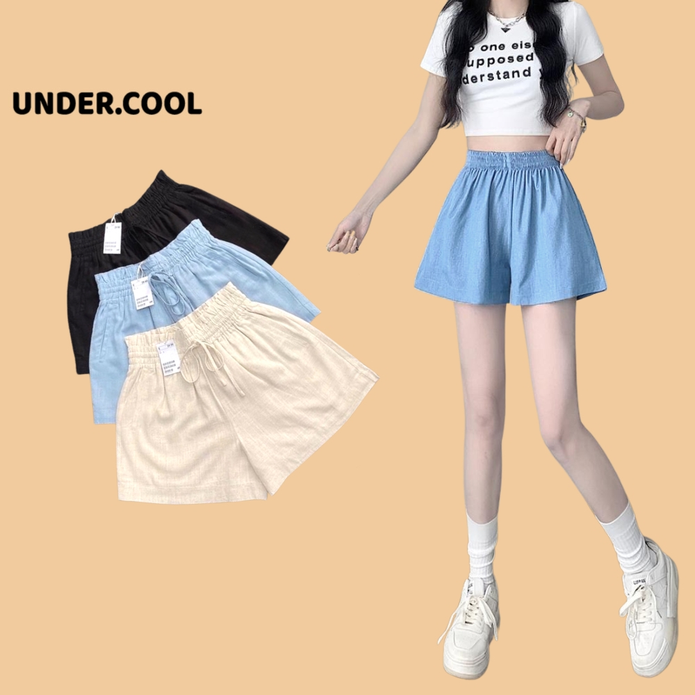 Quần Short Đũi UNDERCOOL nữ thời trang quần đùi vải đũi tơ cạp chun dây bèo co giãn ống rộng chất mát lạnh mặc mùa hè