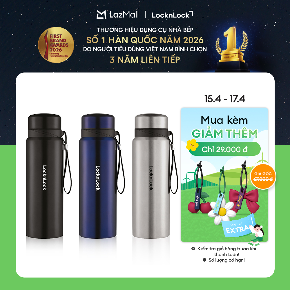 LHC6180 - Bình giữ nhiệt LockLock Vacuum Bottle 800ml Thép không gỉ - Có dây xách, nhỏ gọn, giữ nhiệt 24h Giới hạn 5 sản phẩm/đơn hàng